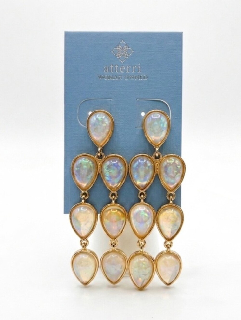 🩶▪️Atterri ▪️Gold-Tone Opal Teardrop Chandelier Earrings - Iridescent White